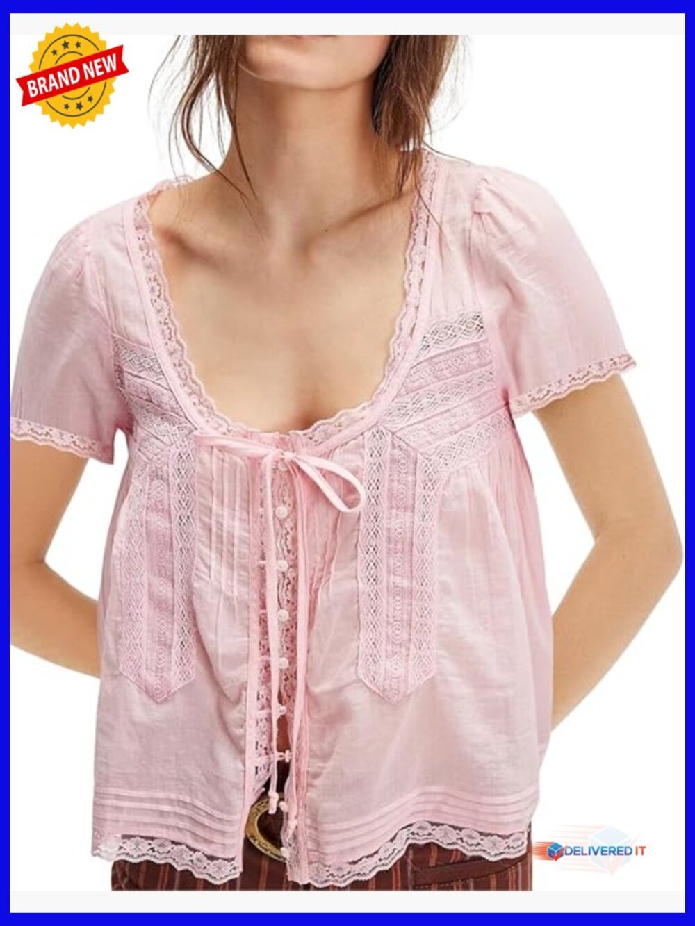 Boho Lace Trim Button Down Crop Tee